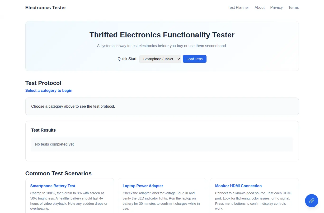 Screenshot of Thrifted Electronics Functionality Tester interface showing the project page in use